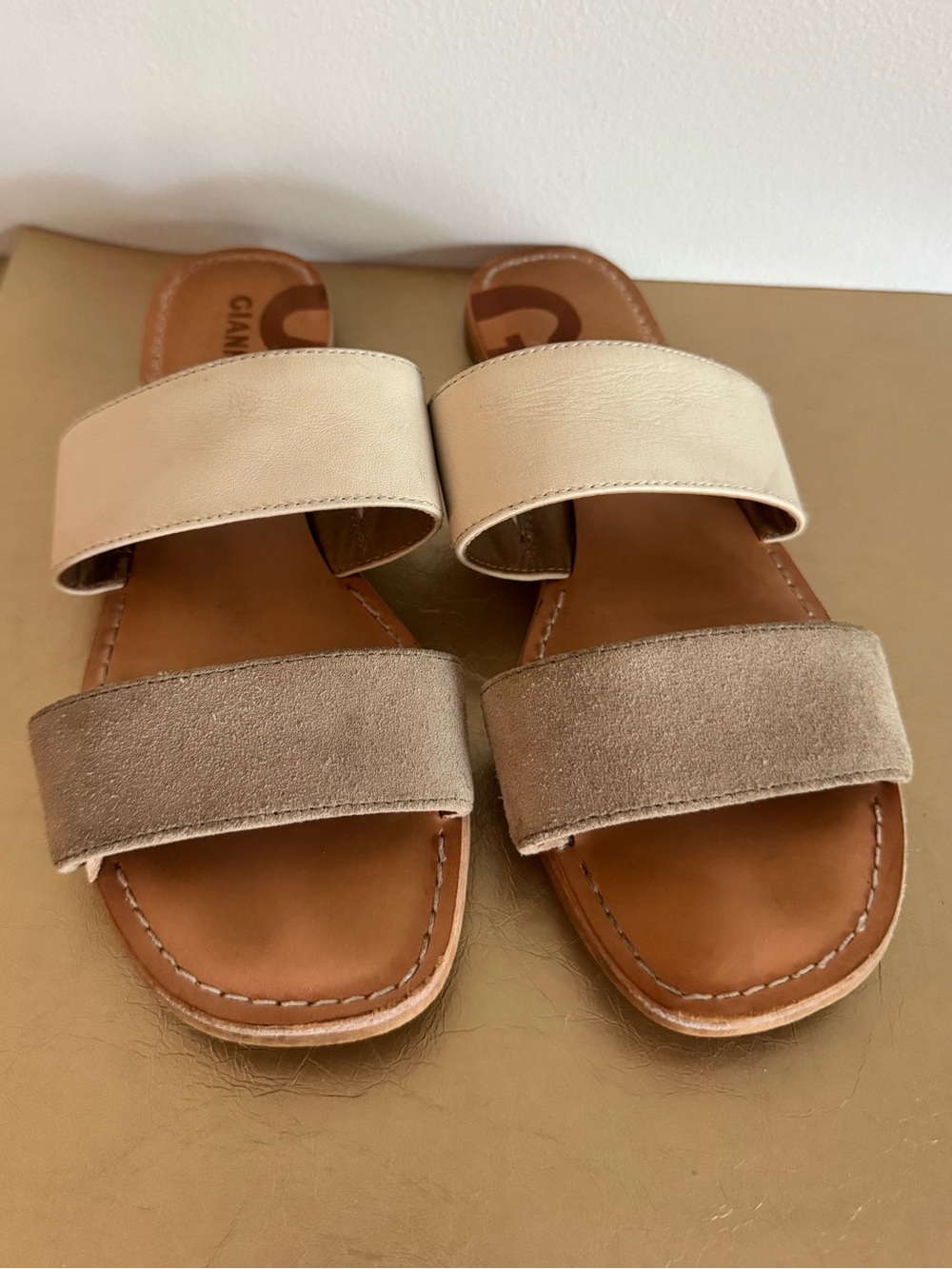 Neutral Two-Band Slide Sandals in Cream and Taupe — Women